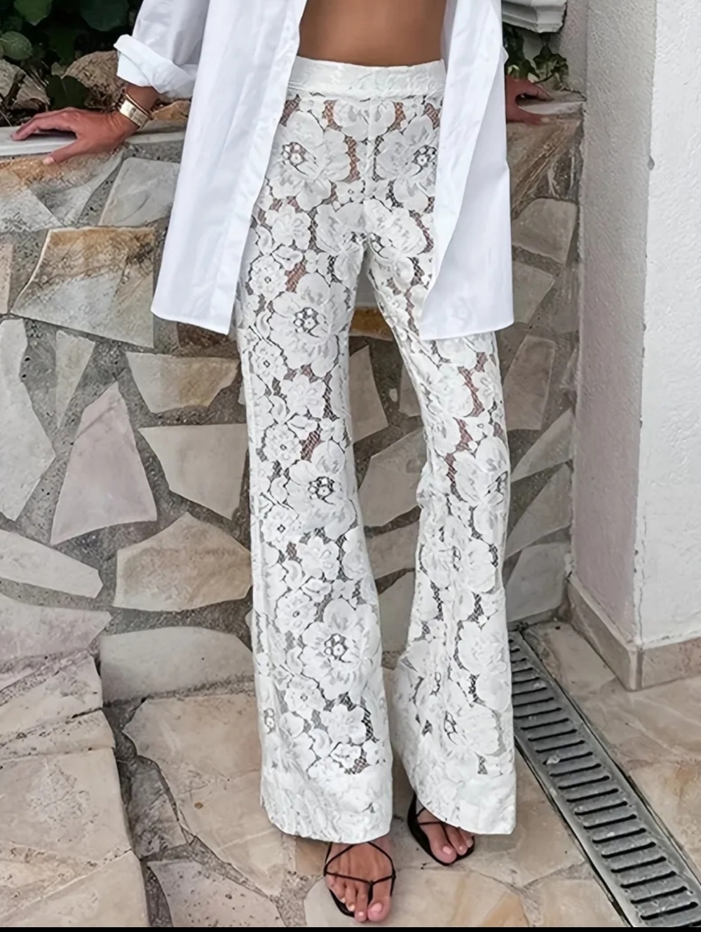 White Lace Flared Pants for Women - Picture 2 of 4